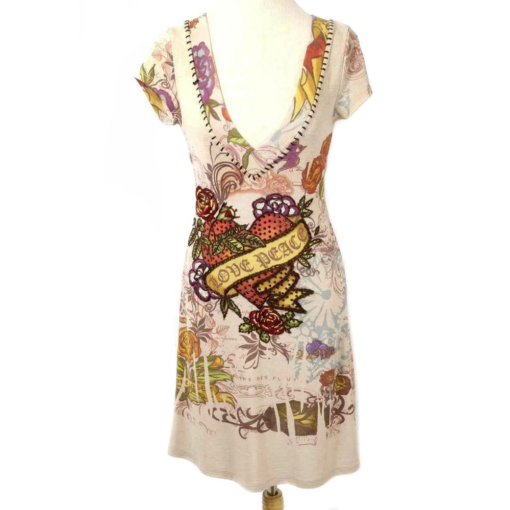 SPY ZONE Tattoo Floral Print Embellished Embroidered Knit Short Sleeve Dress Y2K